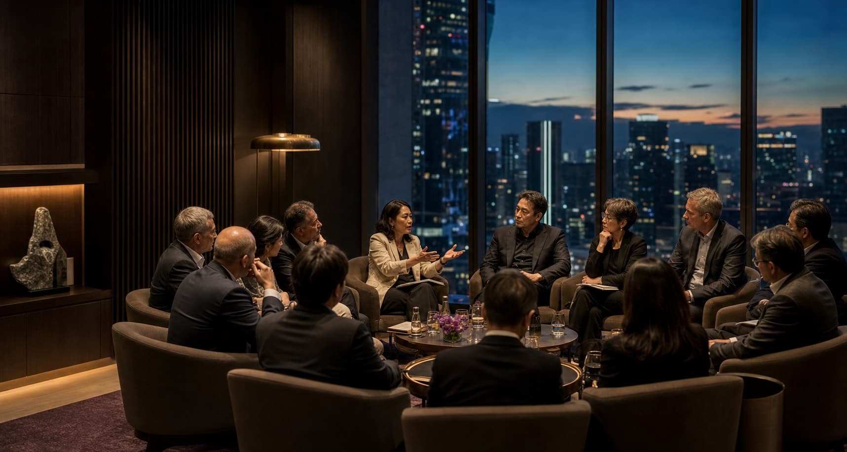 Senior leaders in conversation at an intimate evening salon in an Asian city